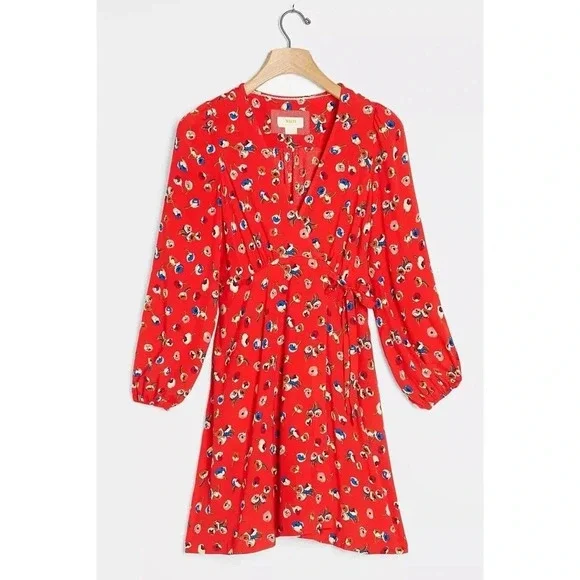 NWT Anthropologie by Maeve Red Long Sleeve Faux Wrap Dress Size 0 - Picture 2 of 10